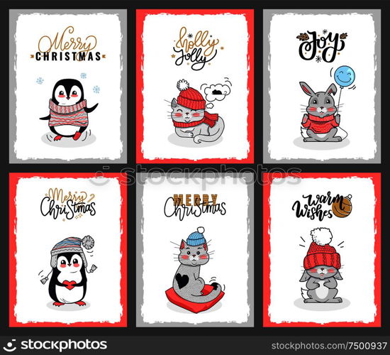 Set of winter animals with calligraphy lettering wishes. Vector cards of penguin, kitty and bunny. Merry Christmas card with penguin holding red heart. Set of Animals with Calligraphy Lettering Wishes