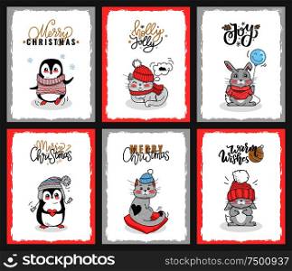 Set of winter animals with calligraphy lettering wishes. Vector cards of penguin, kitty and bunny. Merry Christmas card with penguin holding red heart. Set of Animals with Calligraphy Lettering Wishes