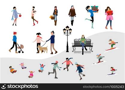 Set of winter character with tiny people having fun outdoor activities or celebrating on Christmas and new year, women walking on city streets and shopping, teenager skiing, kids playing ice skates.