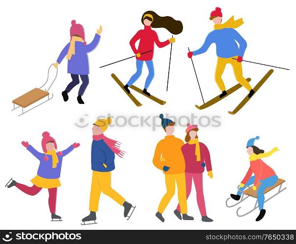 Set of winter characters with hobbies. Isolated collection of people leading active lifestyle. Woman and man skiing. Kid with sledges. Child figure skating. Walking couple in love. Vector in flat. Figure Skating and Skiing, Kid with Sleigh Hobby