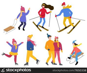 Set of winter characters with hobbies. Isolated collection of people leading active lifestyle. Woman and man skiing. Kid with sledges. Child figure skating. Walking couple in love. Vector in flat. Figure Skating and Skiing, Kid with Sleigh Hobby