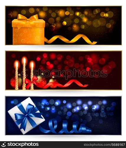Set of winter christmas banners with gift boxes and snowflakes. Vector illustration