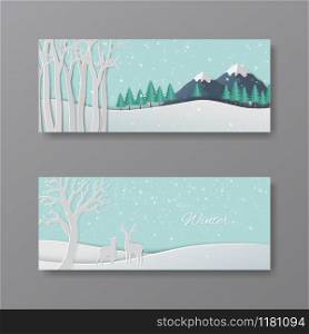 Set of winter collection,paper art deers in the forest with snowflakes on pastel blue background for greeting card,invitation,banner,poster,template,vector illustration