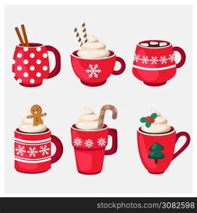 Set of winter holiday Christmas cup with hot drink. Vector illustration
