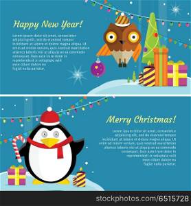 Set of winter holiday concept vector banners. Flat style. Funny penguin in santa hat and owl on winter holidays backgrounds with candles, garlands, gift box, stars. For greeting card, web page design. Set of Winter Holidays Concept Vector Banners . Set of Winter Holidays Concept Vector Banners