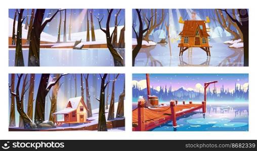 Set of winter landscape backgrounds with wooden houses, frozen sw&, forest lake and pier. Shack on piles in deep wood, witch hut, computer game wintertime natural scenes, Cartoon vector illustration. Set of winter landscape backgrounds with houses
