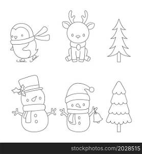 set of winter New Year characters for scrapbooking, coloring books and creative design. Empty outline, flat style.