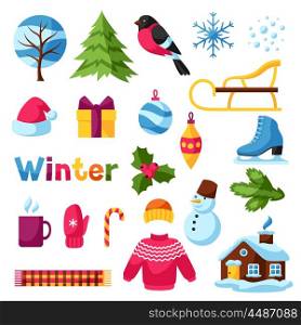Set of winter objects. Merry Christmas, Happy New Year holiday items and symbols.