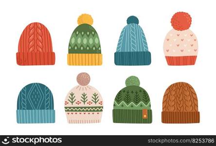 Set of winter or autumn hats flat design vector illustration