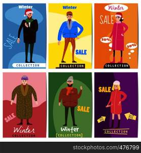 Set of winter sale cards with the characters of people, men and women of different ages in winter clothes. Set of winter sale cards with the characters of people, men and women of different ages in winter clothes, the trend of retro flet kartun style vector, illustration, isolated, banner, template