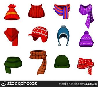 Set of winter scarfs and caps with different colors and styles. Winter cap clothes, fashion accessory clothing knitted, vector illustration. Set of winter scarfs and caps with different colors and styles