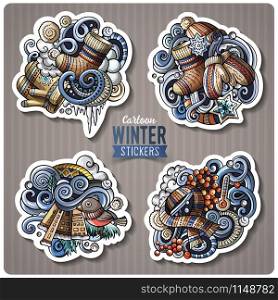 Set of Winter season cartoon stickers. Vector hand drawn objects and symbols collection. Label design elements. All elements are separated. Set of Winter season cartoon stickers