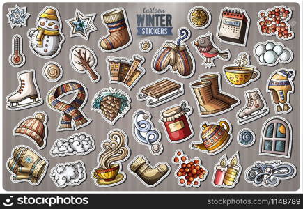 Set of Winter season cartoon stickers. Vector hand drawn objects and symbols collection. Label design elements. Happy holidays. Cute patches, pins, badges series. Comic style.. Set of Winter season cartoon stickers