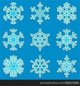 Set of winter snowflakes stickers. Six pointed fluffy snowflakes symbol of winter weather and festive mood. Simple vector icons isolated on blue background