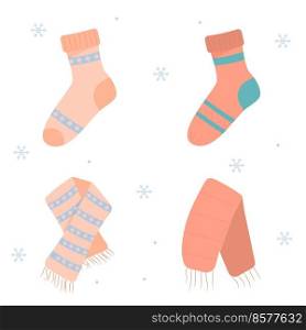 Set of winter socks and scarfs. Warm socks and scarfs. Winter accessories.. Set of winter socks and scarfs. Warm socks and scarfs. Winter accessories