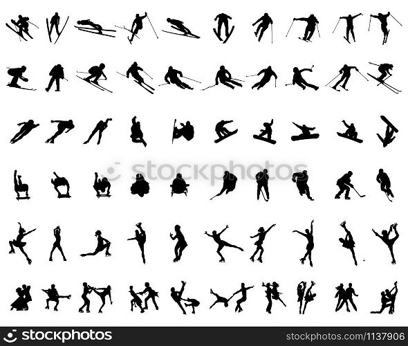 Set of winter sport silhouettes on a white background, vector