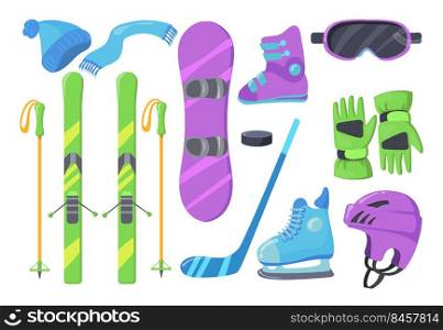 Set of winter sports equipment. Cartoon vector illustration. Hat, scarf, gloves, helmet, skis, ski poles, snowboard, skates, puck, ski goggles. Snow, winter, sport, activity, leisure concept