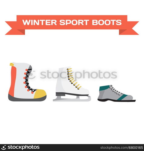 Set of winter sports shoes. Skiing, skating, snowboarding. Flat vector illustration isolated on white background