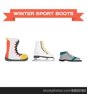 Set of winter sports shoes. Skiing, skating, snowboarding. Flat vector illustration isolated on white background