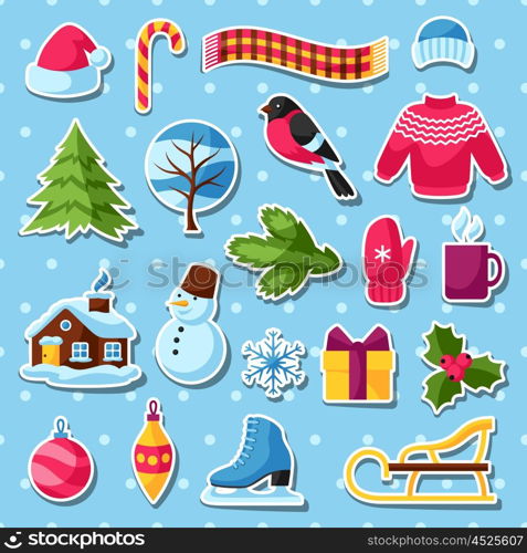 Set of winter stickers. Merry Christmas, Happy New Year holiday items and symbols.