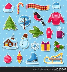 Set of winter stickers. Merry Christmas, Happy New Year holiday items and symbols.