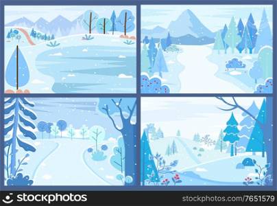 Set of wintry landscapes. Collection of winter forests with blizzards and snowfalls. Tranquil rural area, outdoors scenery. Mountains and streets, serenity of countryside. Vector in flat style. Winter Nature with Snowing Weather, Landscapes