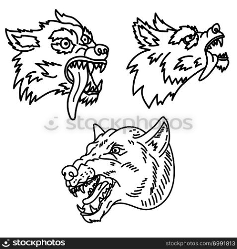 Set of wolf illustration in line style. Design element for emblem, sign, poster, t shirt. Vector illustration