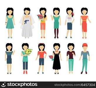 Set of Woman Characters Vector Illustration.. Set of female characters without face in variety cloth vector. Flat design. Woman template personages illustration for woman concepts, fashion app, logos, infographic. Isolated on white background.