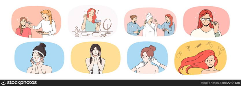 Set of woman daily facial skincare routine procedures. Bundle of female enjoy spa and cosmetology treatment. Beauty and skin care concept. Beautician and makeup. Vector illustration. . Collection of woman enjoy beauty skin routine