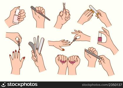 Set of woman do manicure with special tools and equipment. Collection of female nail hygiene and hand routine treatment. Spa and beauty salon care. Vector illustration. . Set of woman do manicure with nail tools 