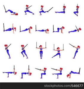Set of woman doing different exercises with gymnastic rings TRX, sporty slender girl workout with sport equipment in air, vector illustration in flat style. Set of woman doing different exercises with gymnastic rings TRX
