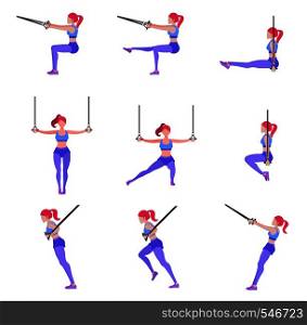 Set of woman doing different exercises with gymnastic rings TRX, sporty slender girl workout with sport equipment in air, vector illustration in flat style. Set of woman doing different exercises with gymnastic rings TRX