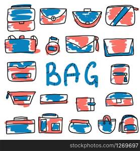 Set of woman handbags. Collection of purses in doodle style. Fashion accessories elements. Vector illustration.