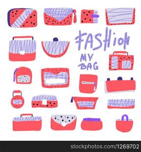 Set of woman handbags. Collection of purses in flat style with lettering. Fashion accessories elements. Vector illustration.