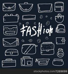 Set of woman handbags. Fashion lettering with sketch purses in doodle style. Poster template on dark background. Fashion accessories elements. Vector illustration.