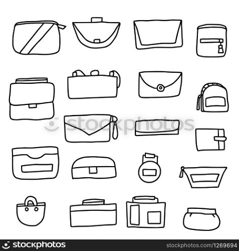Set of woman handbags sketch. Collection of purses in doodle style. Coloring page. Fashion accessories elements. Vector black and white design illustration.