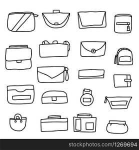 Set of woman handbags sketch. Collection of purses in doodle style. Coloring page. Fashion accessories elements. Vector black and white design illustration.