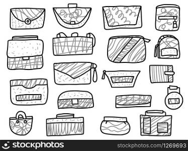 Set of woman handbags sketch. Collection of purses in doodle style. Fashion accessories elements. Vector illustration.