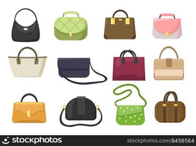 Set of woman luxury handbags and purses vector illustration. Cartoon bags and clutches with handles and adjustable shoulder straps isolated on white background. Woman accessories concept