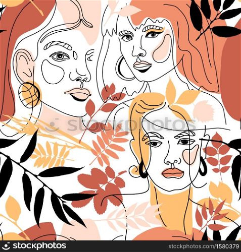 Set of Woman s Face Minimal Line Style. Abstract Contemporary collage of geometric shapes.. Seamless Pattern of Womans Face Minimal Line Style ol-line drawing. Abstract Contemporary color collage of geometric shapes in a modern trendy style. Vector female Portrait. Beauty Concept, t-Shirt Print, card, poster,fabric.