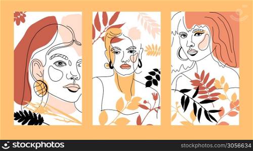 Set of Woman s Face Minimal Line Style. Abstract Contemporary collage of geometric shapes.. Set of banners with Womans Face Minimal Line Style ol-line drawing. Abstract Contemporary autumn color collage of geometric shapes in a modern trendy style. Vector female Portrait. Beauty Concept, t-Shirt Print, card, poster, logo.