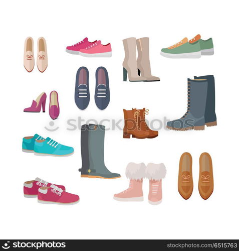 Set of woman s shoes. Flat design vector. Ankle and mid boots, sneakers, loafers, moccasins illustrations. Collection of footwear for all seasons. For store ad, fashion concepts. On white background. Set of Women s Shoes Vectors in Flat Design. Set of Women s Shoes Vectors in Flat Design