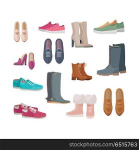 Set of woman s shoes. Flat design vector. Ankle and mid boots, sneakers, loafers, moccasins illustrations. Collection of footwear for all seasons. For store ad, fashion concepts. On white background. Set of Women s Shoes Vectors in Flat Design. Set of Women s Shoes Vectors in Flat Design