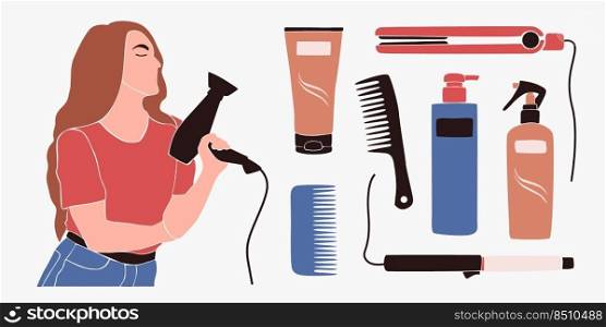 Set of woman with hair dryer and beauty cosmetic products. Hair care tools. Hairdressers and barbers devices, accessories. Combs, cosmetic bottles, straightener, curling . Flat vector illustration.