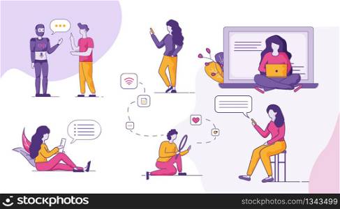 Set of Women Chatting on Tablet, Laptop, Mobile, Man Searching on Phone, Smart Team of Human and Android Robot. People Online Communication through Social Network and Virtual Assistants Concept.. People Online Communication Social Network Set