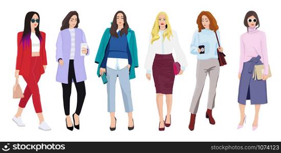 Set of women dressed in stylish trendy clothes, fashion girls, models wearing modern casual office style - dress, skirts, trouser suits, jackets vector female cartoon characters, vector illustration. Set of women dressed in stylish trendy clothes - casual office style