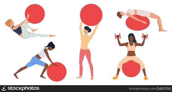 Set of women exercising with swiss balls. Crowd of multiethnic girls doing fitness. Vector illustration can be used for presentation, training, sports equipment . Set of women exercising with swiss balls