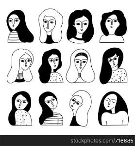 Set of women faces. Doodle portraits fashionable girls. Feminism. Vector templates for social media, website.