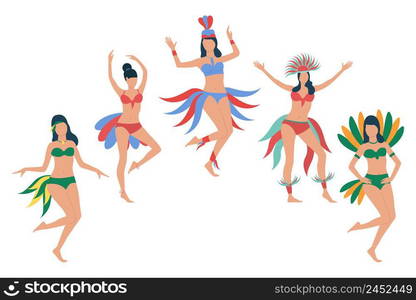 Set of women in feather bikini costumes. Group of happy Brazilian women dancing at carnival. Vector illustration for commercial, presentation, banner. Set of women in feather bikini costumes