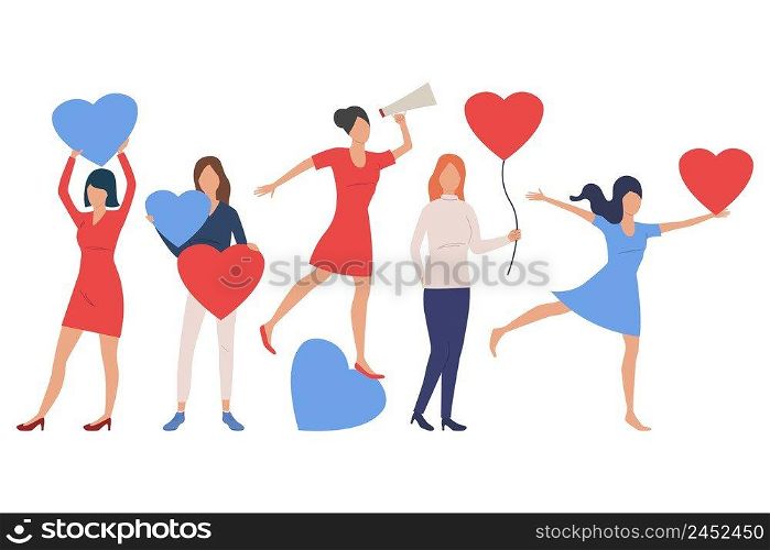 Set of women in love. Girls holding red heart or heart-shaped air balloon, shouting at loudspeaker. People concept. Vector illustration can be used for topics like romance or dating website. Set of women in love